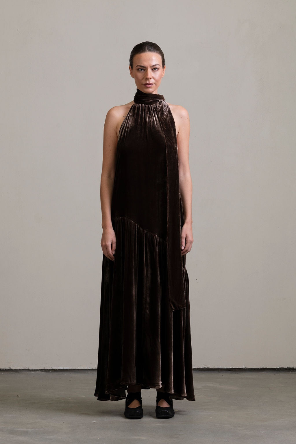 Silk Velvet Tie Neck Dress in Moka