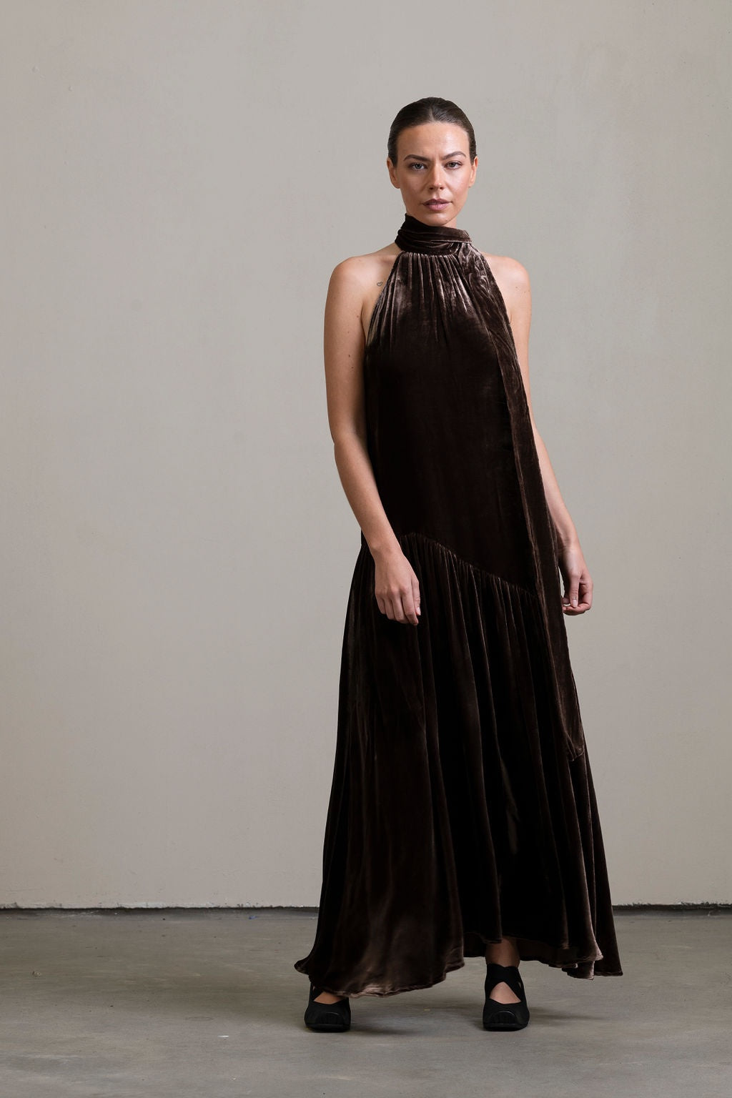 Silk Velvet Tie Neck Dress in Moka
