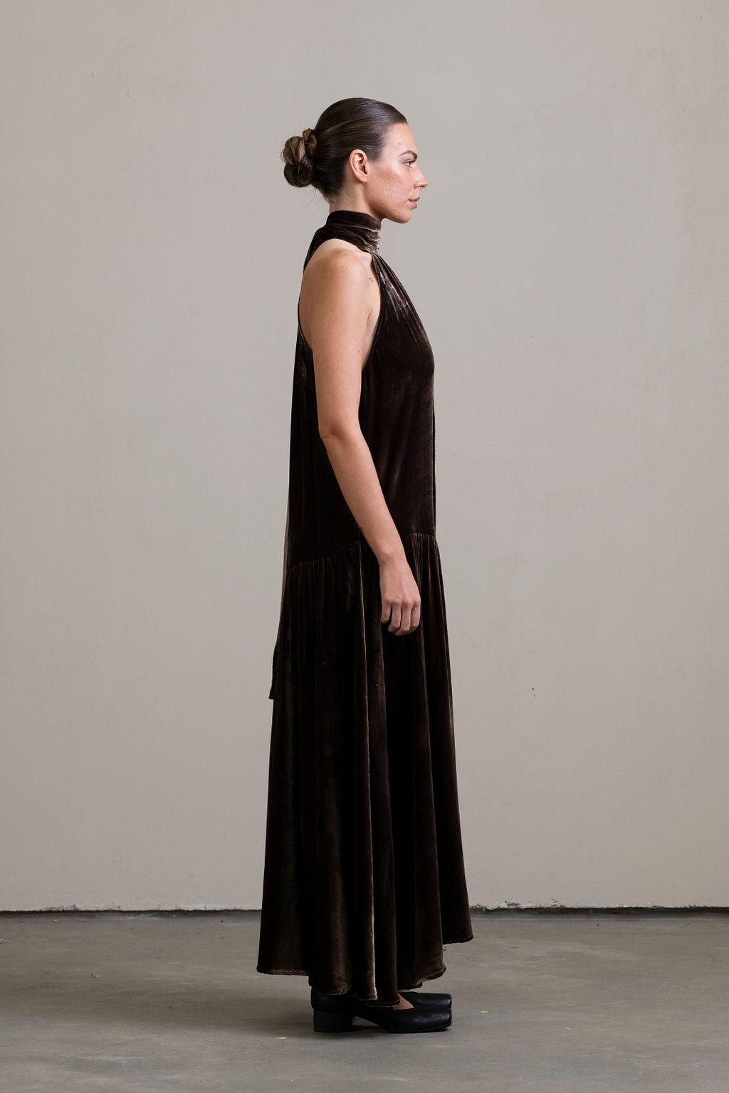 Silk Velvet Tie Neck Dress in Moka