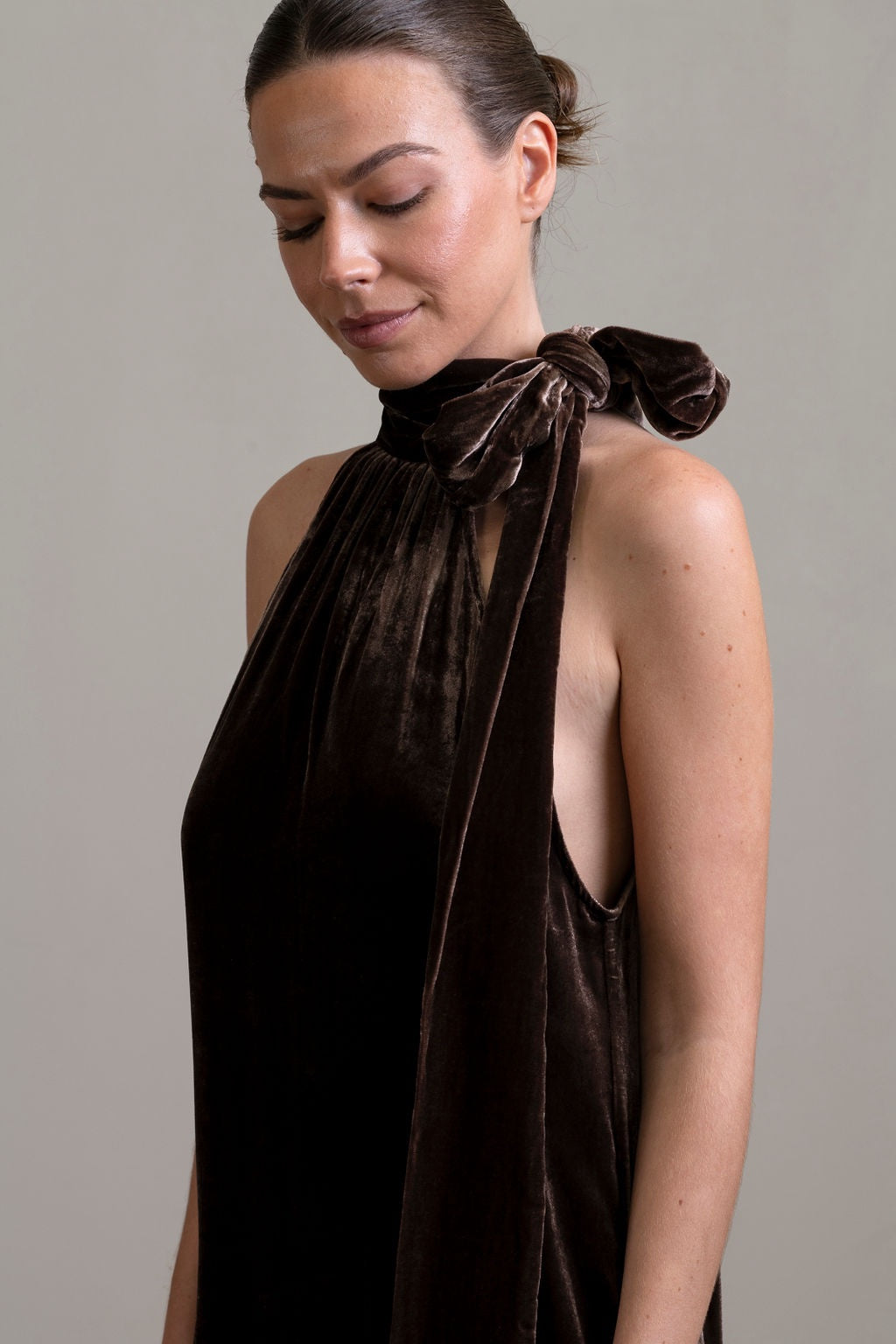 Silk Velvet Tie Neck Dress in Moka Close Up