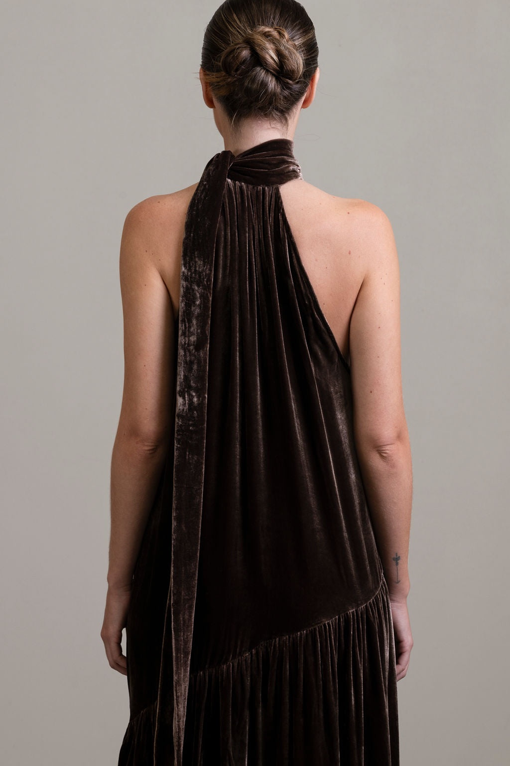 Silk Velvet Tie Neck Dress in Moka Back