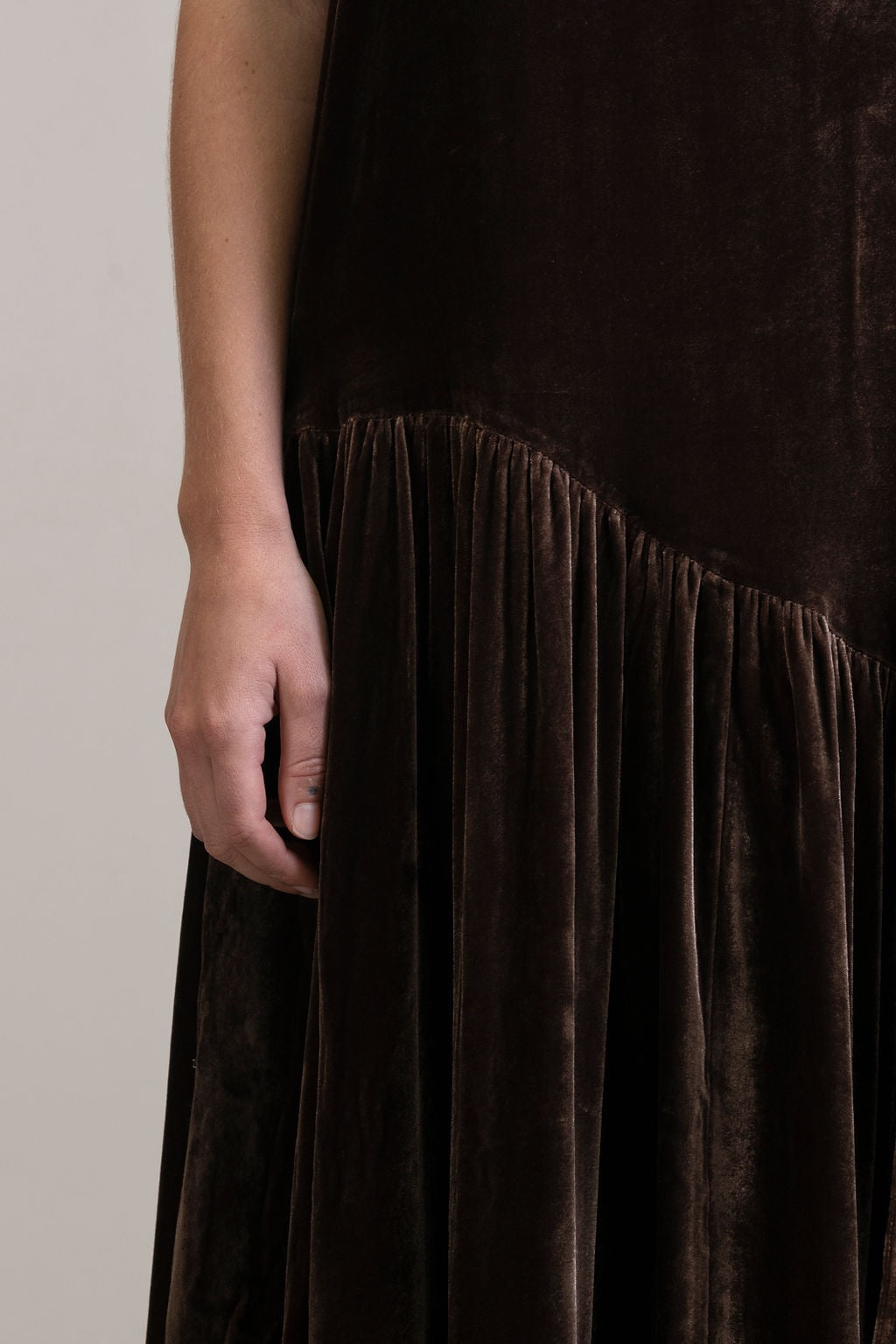 Silk Velvet Tie Neck Dress in Moka Close Up