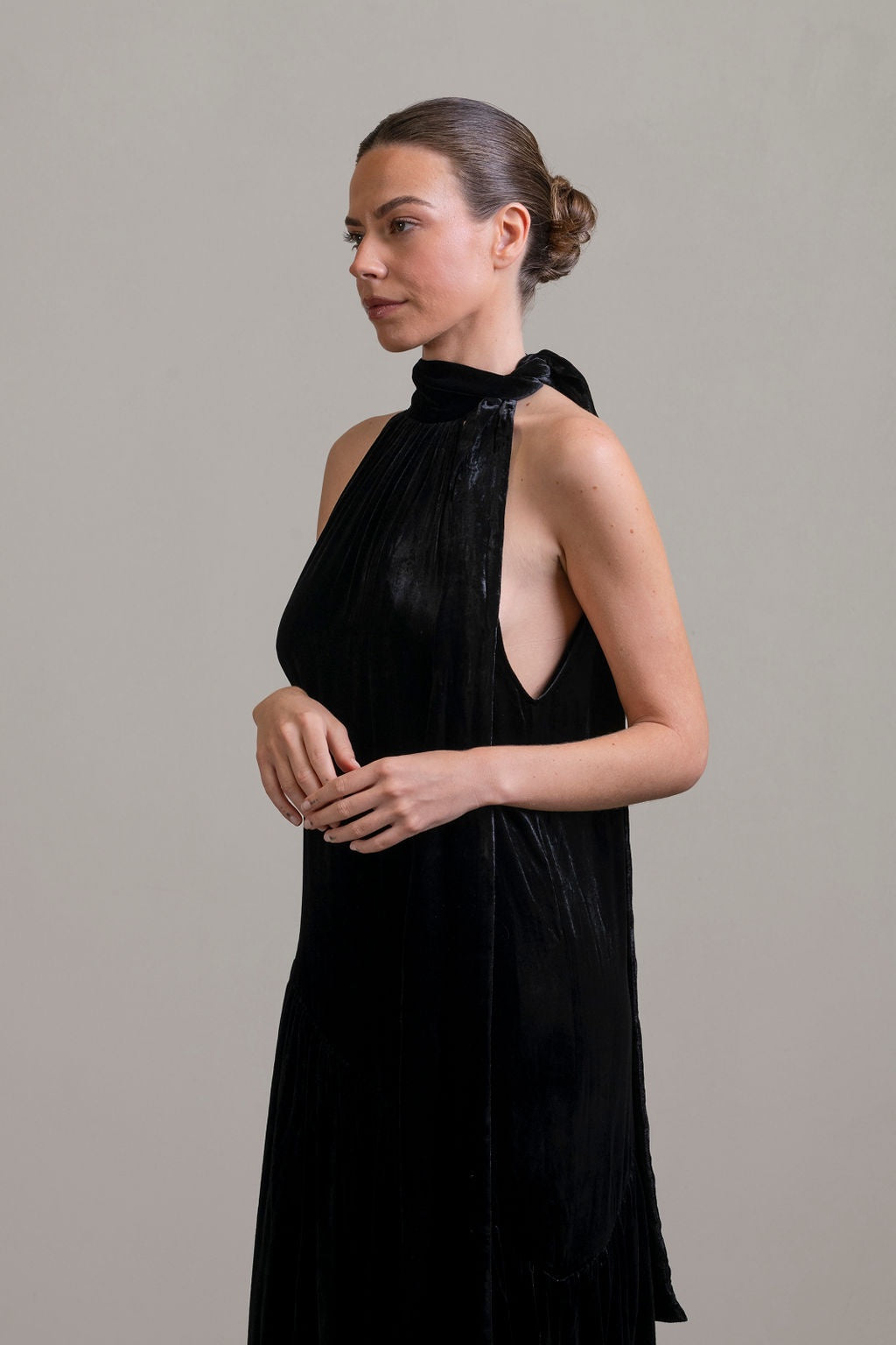 Silk Velvet Tie Neck Dress ~ Noir