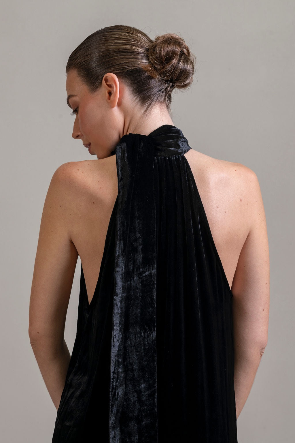 Silk Velvet Tie Neck Dress ~ Noir