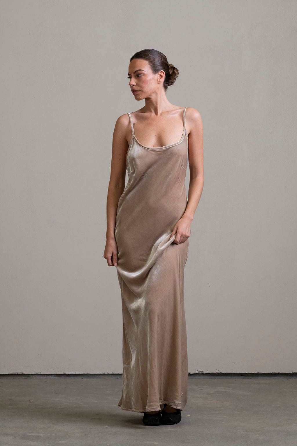 Silk Velvet Bias Slip ~ Stone