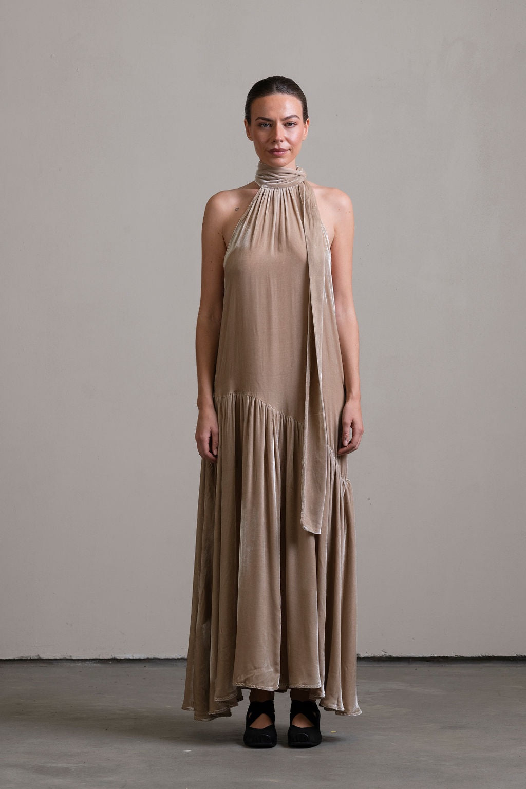 Silk Velvet Tie Neck Dress ~ Stone