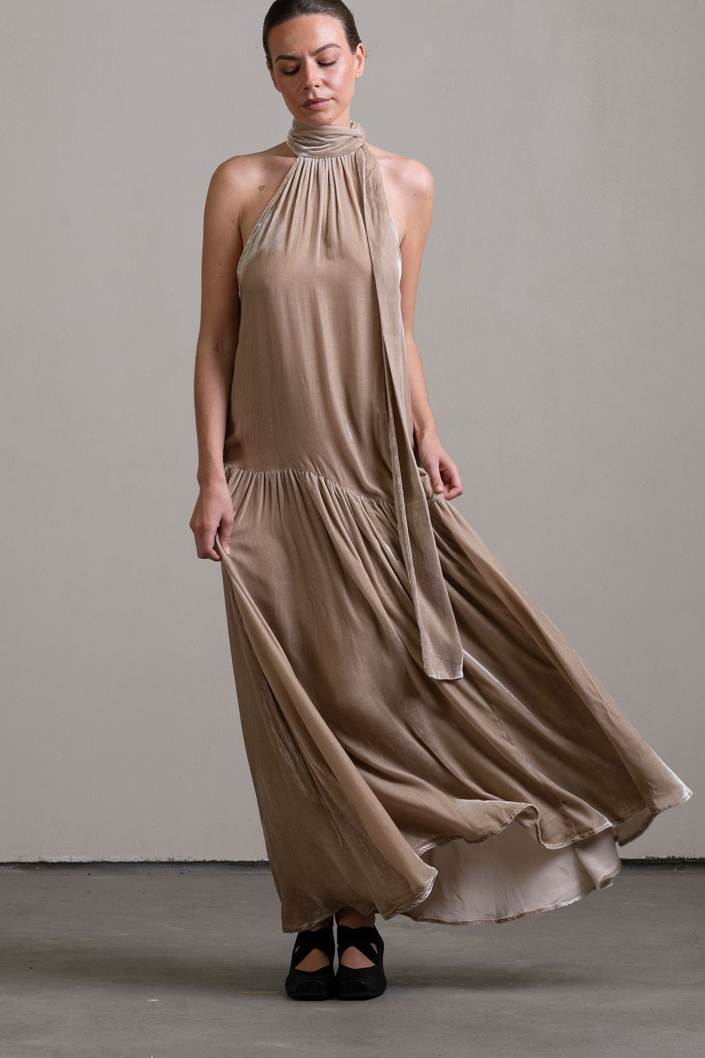 Silk Velvet Tie Neck Dress ~ Stone