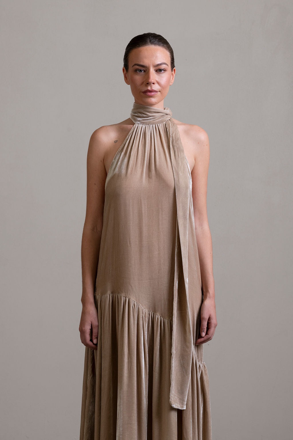 Silk Velvet Tie Neck Dress ~ Stone