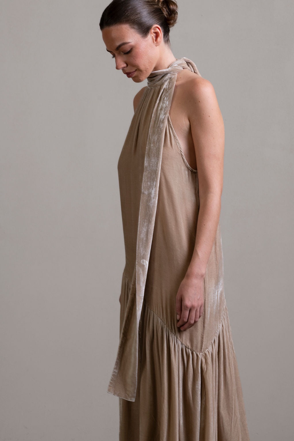 Silk Velvet Tie Neck Dress ~ Stone