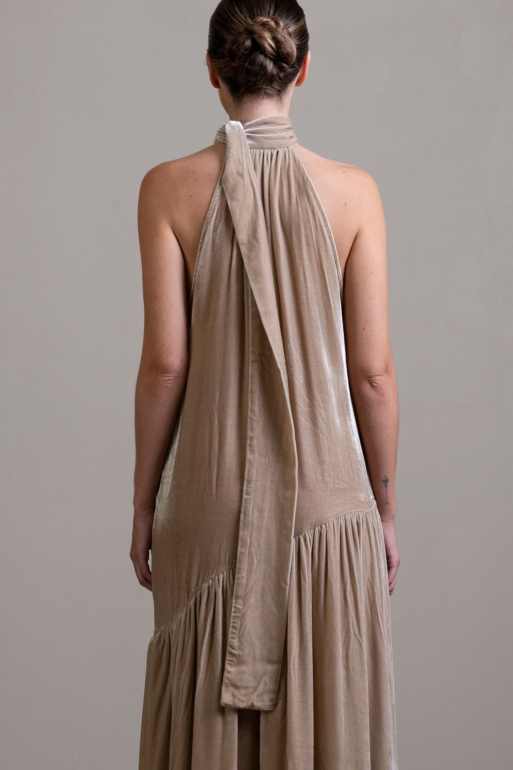 Silk Velvet Tie Neck Dress ~ Stone