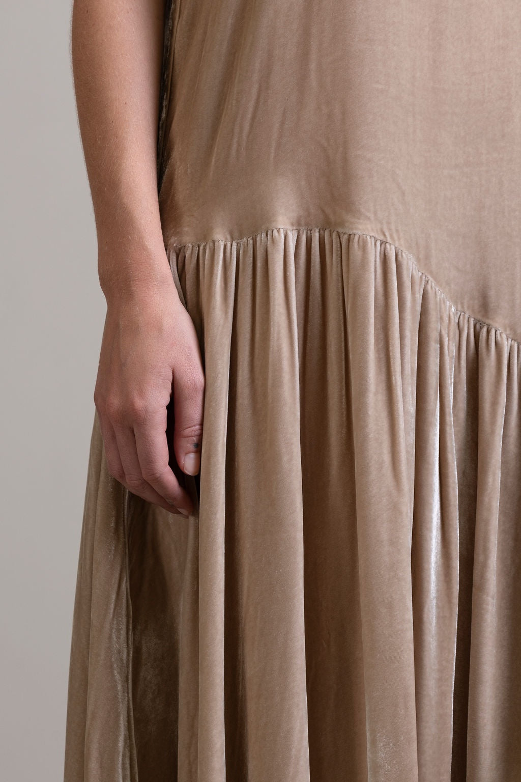 Silk Velvet Tie Neck Dress ~ Stone