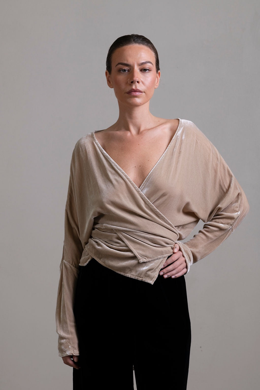 Silk Velvet Wrap Top ~ Stone