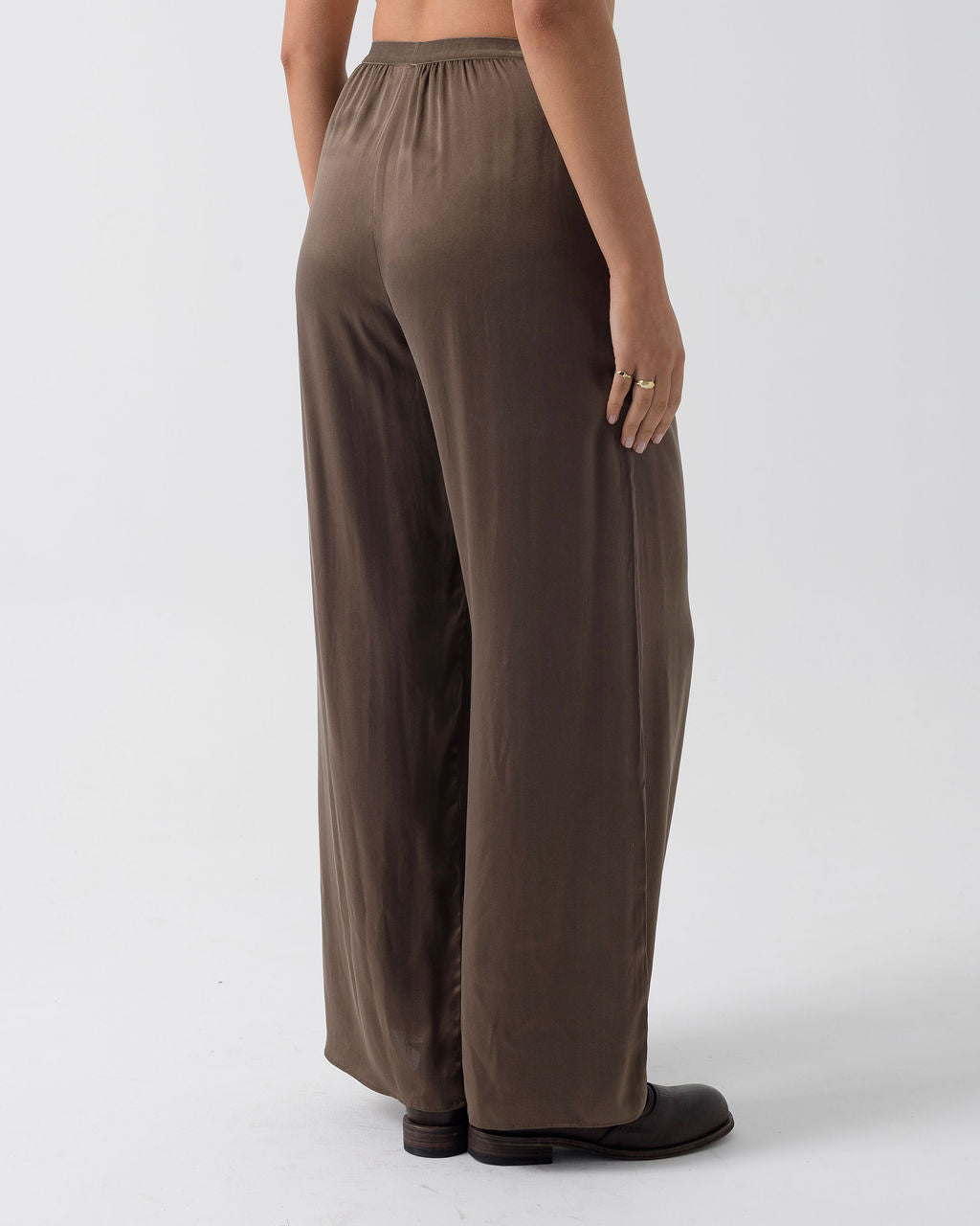 Back view of the Moka Straight Leg Pant showing the fluid drape and relaxed straight-leg silhouette.