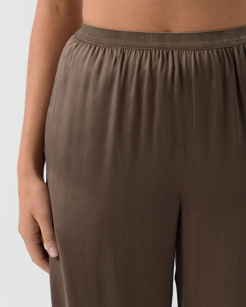 Close-up of the Moka Straight Leg Pant highlighting the velvet elastic waistband and smooth stonewashed silk fabric.